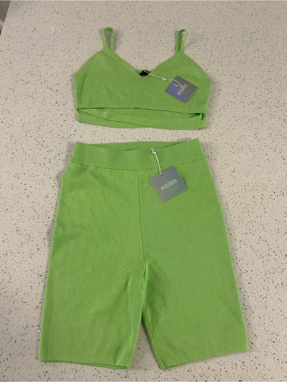 Missguided Lime Green Knit Crop Top & Biker Shorts Set